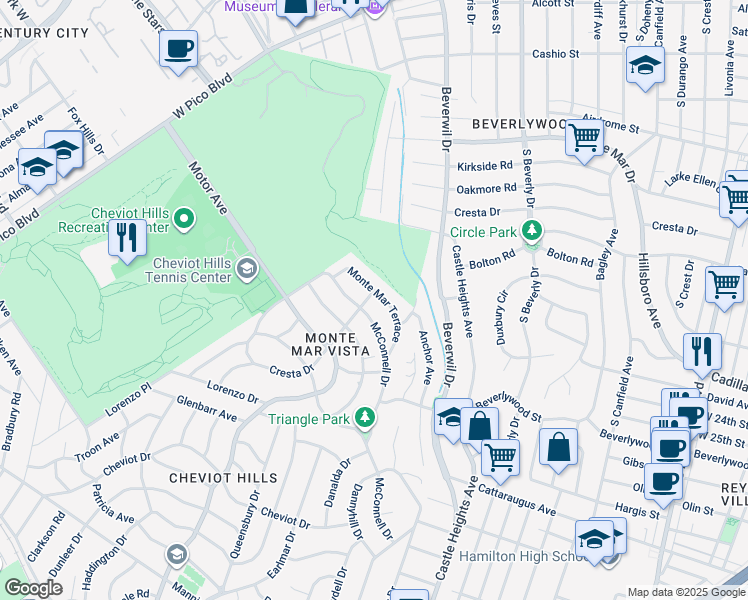 map of restaurants, bars, coffee shops, grocery stores, and more near 2760 Monte Mar Terrace in Los Angeles