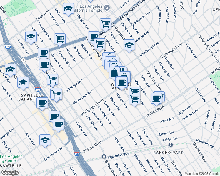 map of restaurants, bars, coffee shops, grocery stores, and more near 2116 Kelton Avenue in Los Angeles