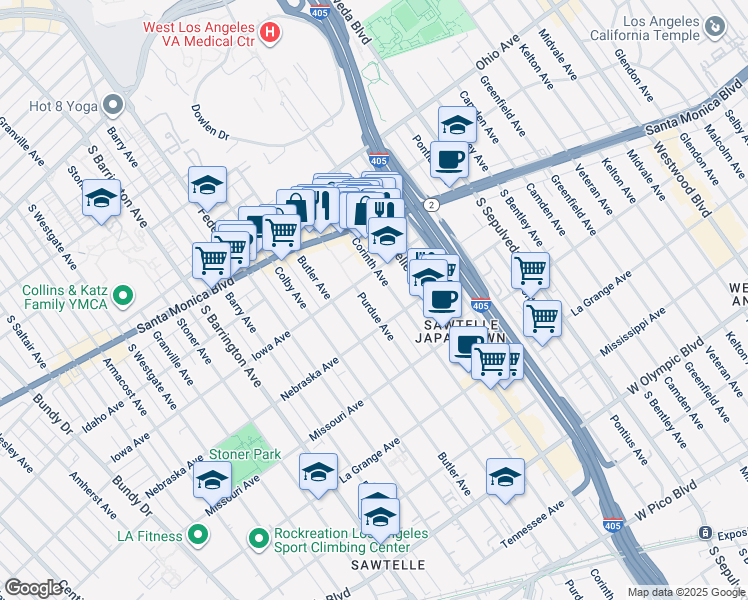 map of restaurants, bars, coffee shops, grocery stores, and more near 11360 Iowa Avenue in Los Angeles