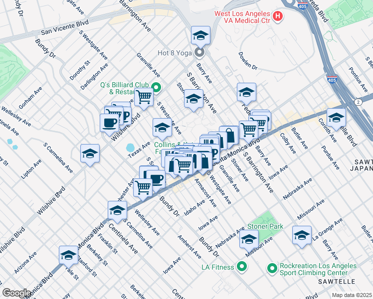 map of restaurants, bars, coffee shops, grocery stores, and more near 1409 South Westgate Avenue in Los Angeles