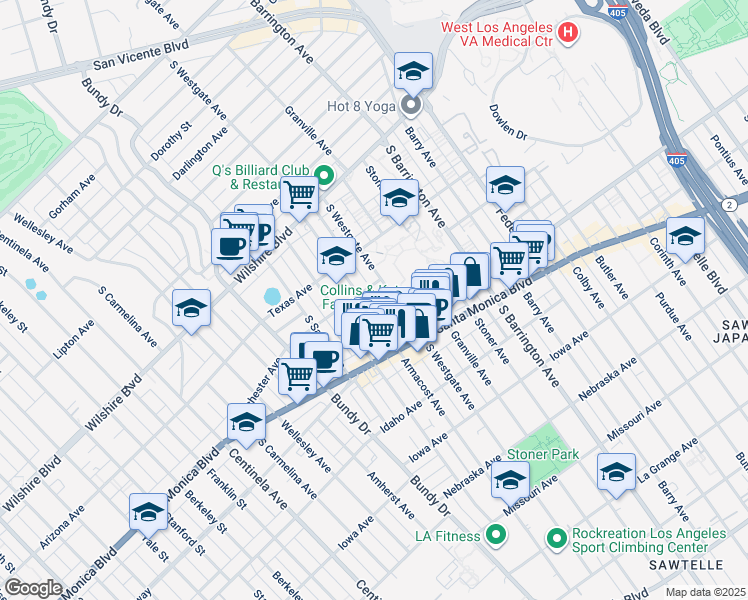 map of restaurants, bars, coffee shops, grocery stores, and more near 1409 South Westgate Avenue in Los Angeles