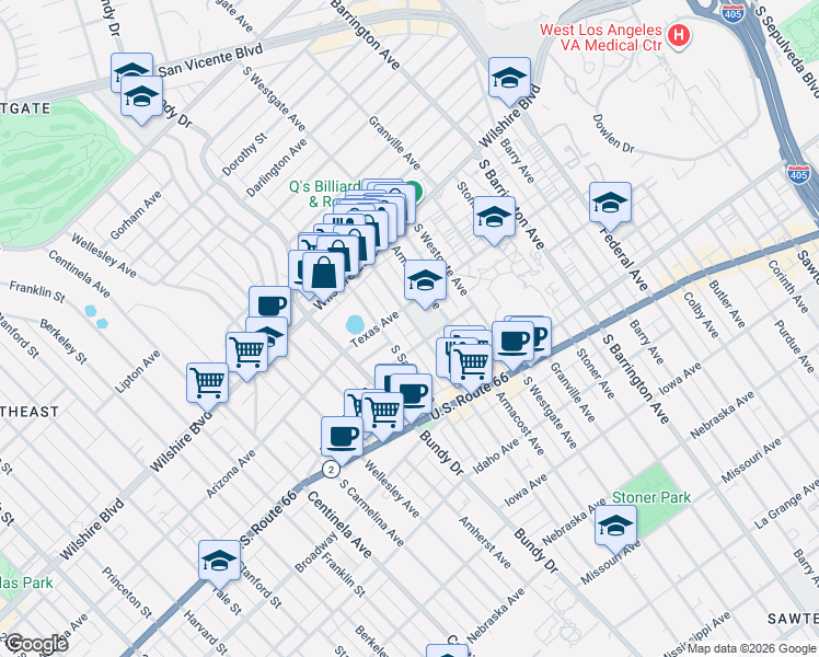 map of restaurants, bars, coffee shops, grocery stores, and more near 1301 Brockton Avenue in Los Angeles
