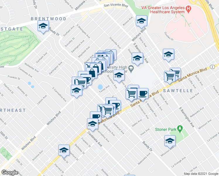 map of restaurants, bars, coffee shops, grocery stores, and more near 1301 Brockton Avenue in Los Angeles