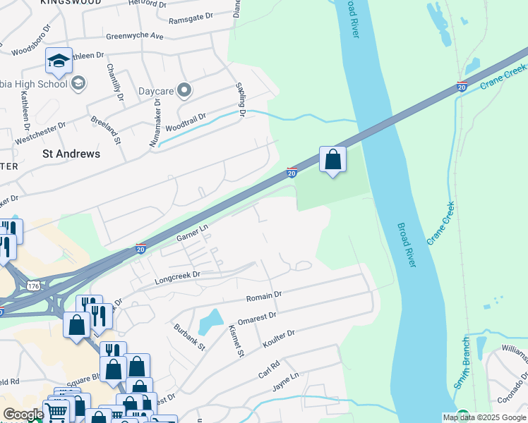 map of restaurants, bars, coffee shops, grocery stores, and more near 1728 Devonwood Drive in Columbia