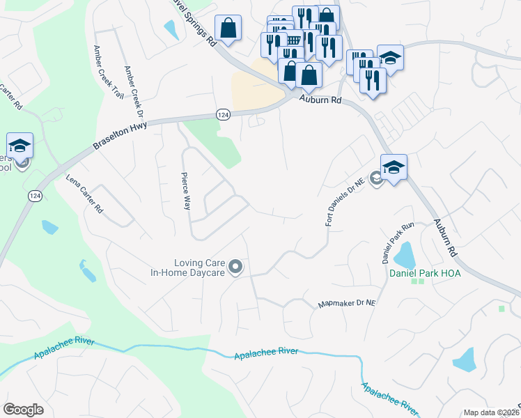 map of restaurants, bars, coffee shops, grocery stores, and more near 2582 Lance Ridge Way Northeast in Dacula