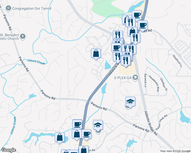 map of restaurants, bars, coffee shops, grocery stores, and more near 10474 Holliwell Court in Duluth