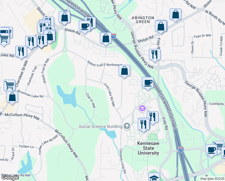 map of restaurants, bars, coffee shops, grocery stores, and more near 3716 Frey Lake Road Northwest in Kennesaw