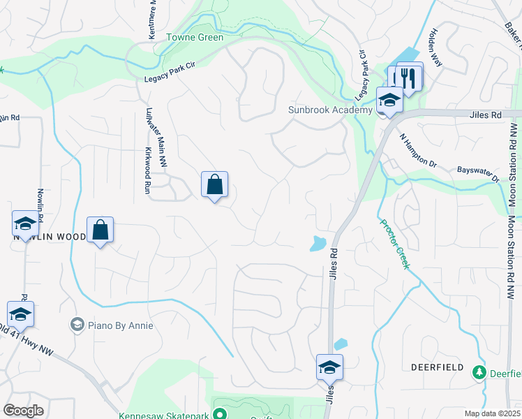 map of restaurants, bars, coffee shops, grocery stores, and more near 3515 Brandywine Road Northwest in Kennesaw