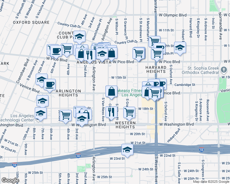 map of restaurants, bars, coffee shops, grocery stores, and more near 1550 1/2 South Van Ness Avenue in Los Angeles