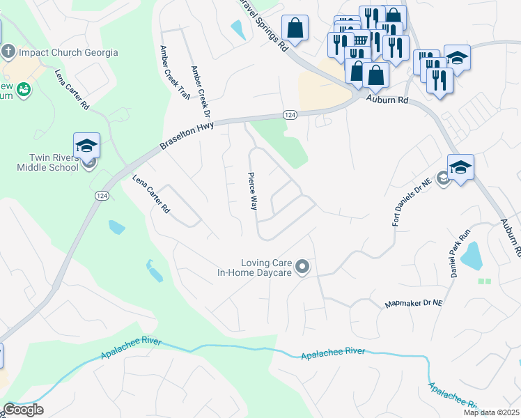map of restaurants, bars, coffee shops, grocery stores, and more near 2526 Betty Sue Drive Northeast in Buford