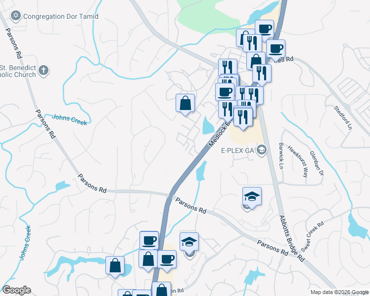 map of restaurants, bars, coffee shops, grocery stores, and more near 10474 Holliwell Court in Duluth