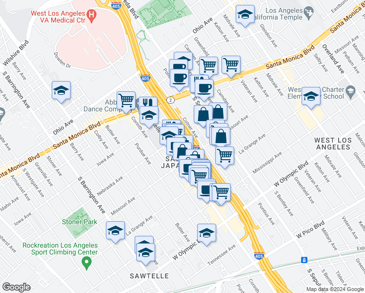 map of restaurants, bars, coffee shops, grocery stores, and more near 1825 Beloit Avenue in Los Angeles
