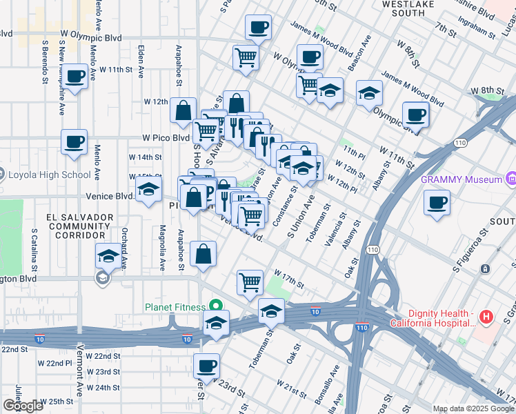 map of restaurants, bars, coffee shops, grocery stores, and more near 1411 South Burlington Avenue in Los Angeles