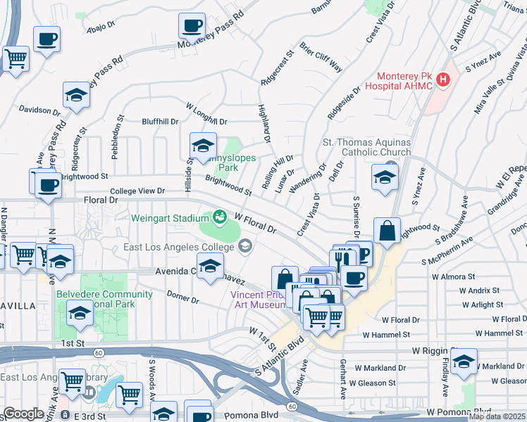 map of restaurants, bars, coffee shops, grocery stores, and more near 1411 College View Drive in Monterey Park