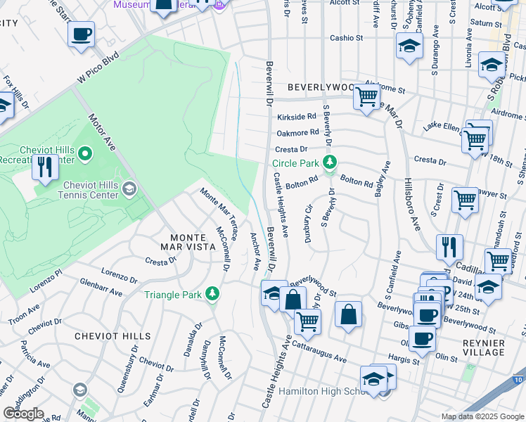 map of restaurants, bars, coffee shops, grocery stores, and more near 2299 Beverwil Drive in Los Angeles