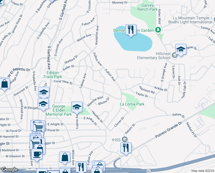 map of restaurants, bars, coffee shops, grocery stores, and more near 1837 Whitehurst Drive in Monterey Park