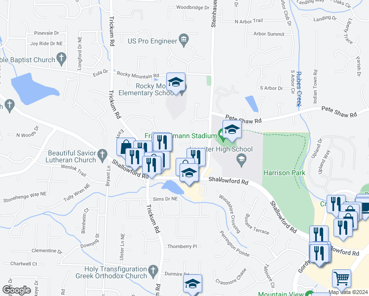 map of restaurants, bars, coffee shops, grocery stores, and more near 2514 Aged Stone Way in Marietta