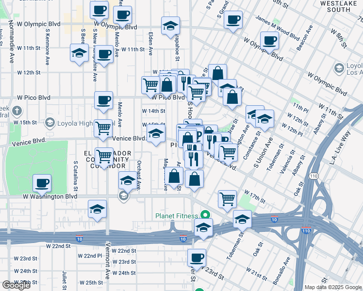 map of restaurants, bars, coffee shops, grocery stores, and more near 1415 Venice Boulevard in Los Angeles