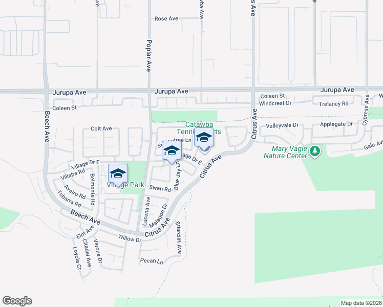 map of restaurants, bars, coffee shops, grocery stores, and more near 15849 Firethorn Road in Fontana