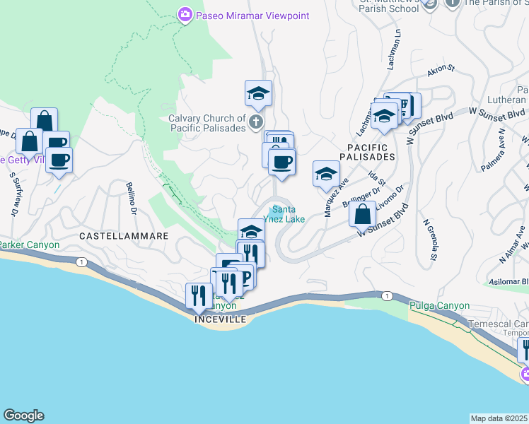 map of restaurants, bars, coffee shops, grocery stores, and more near 17190 W Sunset Blvd in Los Angeles