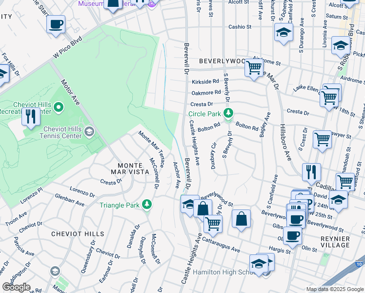 map of restaurants, bars, coffee shops, grocery stores, and more near 2299 Beverwil Drive in Los Angeles