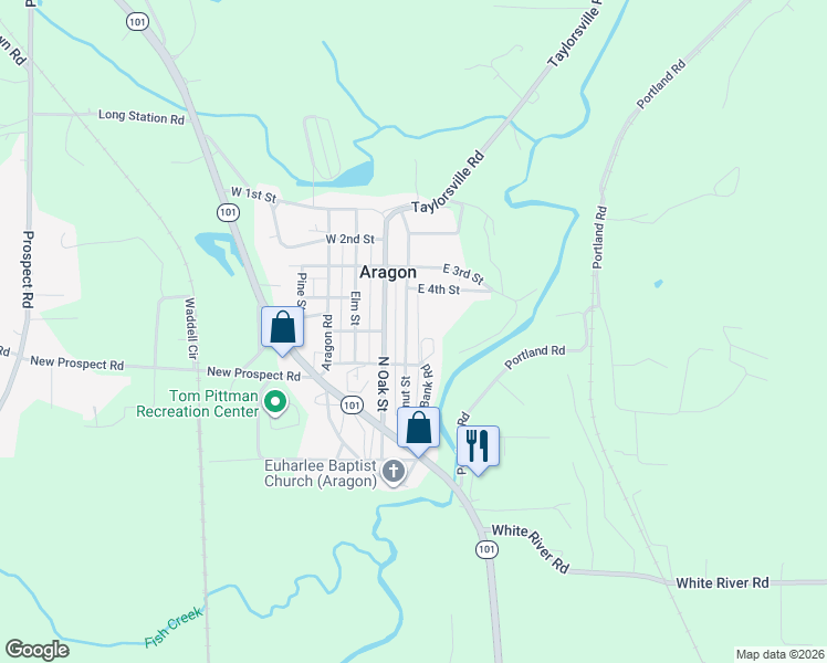 map of restaurants, bars, coffee shops, grocery stores, and more near 100 Creek Bank Road in Aragon