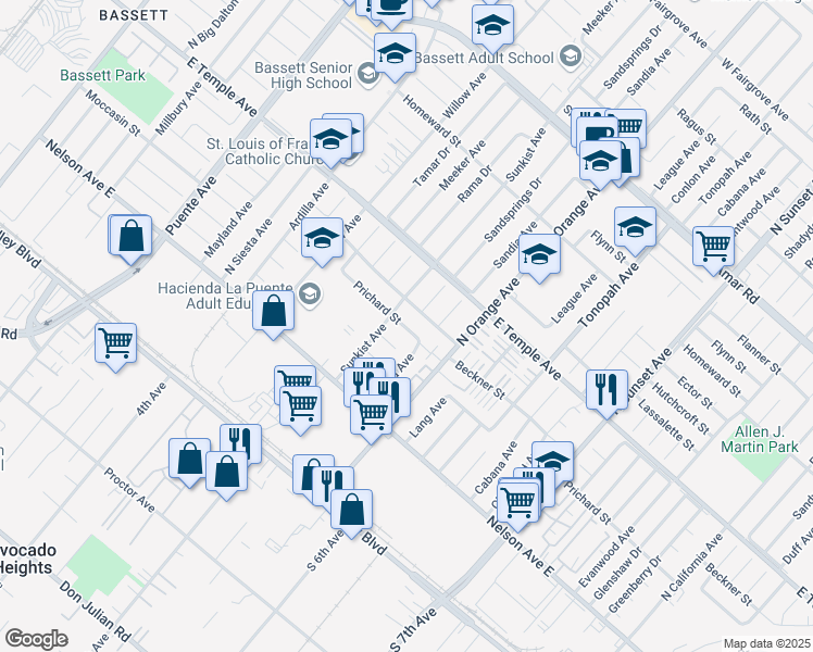 map of restaurants, bars, coffee shops, grocery stores, and more near 14220 Prichard Street in La Puente