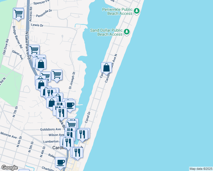 map of restaurants, bars, coffee shops, grocery stores, and more near 806 Carolina Beach Avenue North in Carolina Beach