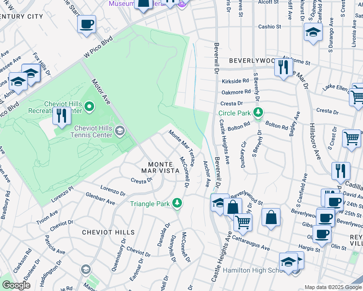 map of restaurants, bars, coffee shops, grocery stores, and more near 2760 Monte Mar Terrace in Los Angeles