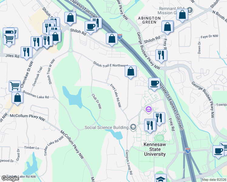 map of restaurants, bars, coffee shops, grocery stores, and more near 3716 Frey Lake Road Northwest in Kennesaw
