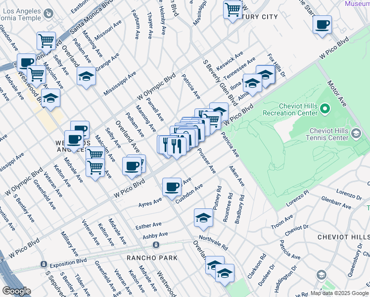 map of restaurants, bars, coffee shops, grocery stores, and more near 10587-B West Pico Boulevard in Los Angeles