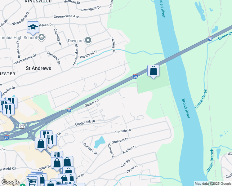 map of restaurants, bars, coffee shops, grocery stores, and more near 1720 Devonwood Drive in Columbia