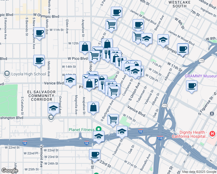 map of restaurants, bars, coffee shops, grocery stores, and more near 1406 South Bonnie Brae Street in Los Angeles