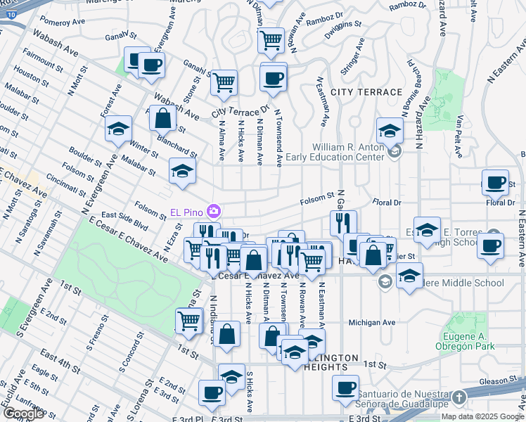 map of restaurants, bars, coffee shops, grocery stores, and more near 3441 Folsom Street in Los Angeles