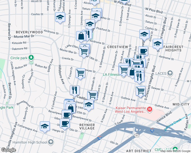 map of restaurants, bars, coffee shops, grocery stores, and more near 1907 South Shenandoah Street in Los Angeles