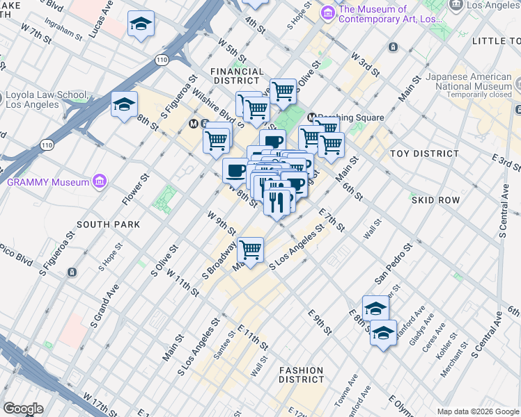 map of restaurants, bars, coffee shops, grocery stores, and more near S Broadway & W 8th St in Los Angeles