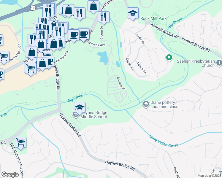 map of restaurants, bars, coffee shops, grocery stores, and more near 2015 Arminda Court in Alpharetta