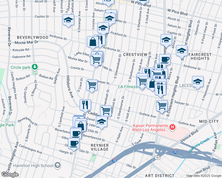 map of restaurants, bars, coffee shops, grocery stores, and more near 1907 South Shenandoah Street in Los Angeles