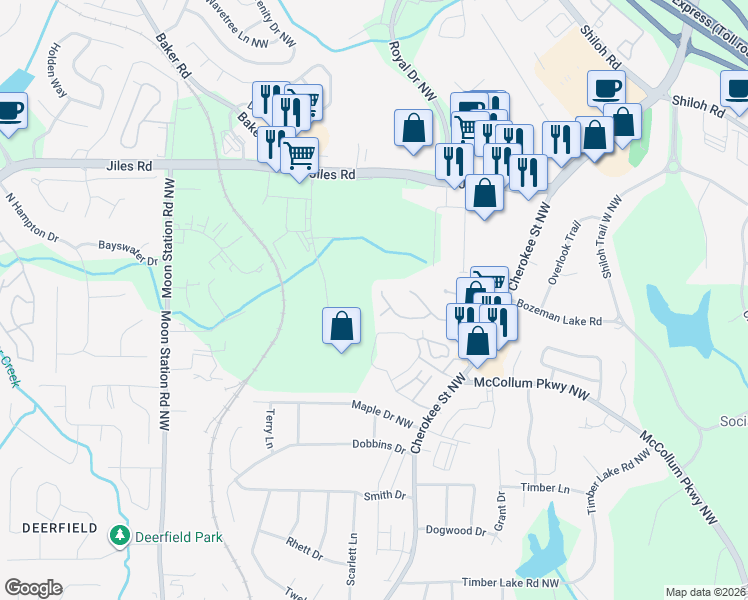 map of restaurants, bars, coffee shops, grocery stores, and more near 1436 Shiloh Way Northwest in Kennesaw