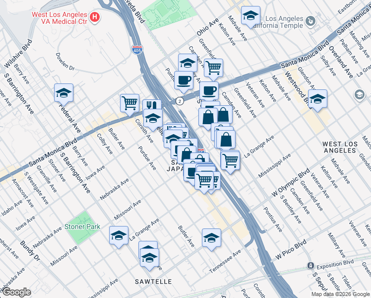 map of restaurants, bars, coffee shops, grocery stores, and more near 1819 Beloit Avenue in Los Angeles