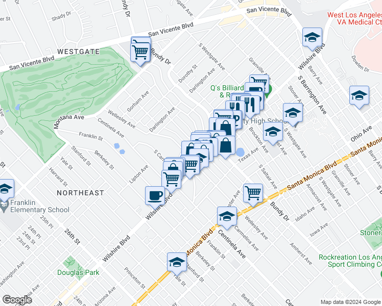 map of restaurants, bars, coffee shops, grocery stores, and more near 1164 Wellesley Avenue in Los Angeles