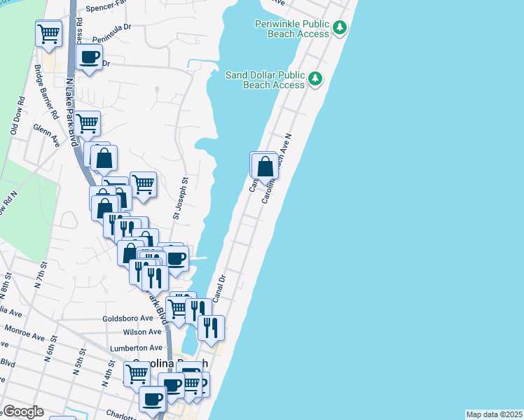 map of restaurants, bars, coffee shops, grocery stores, and more near 806 Carolina Beach Avenue North in Carolina Beach