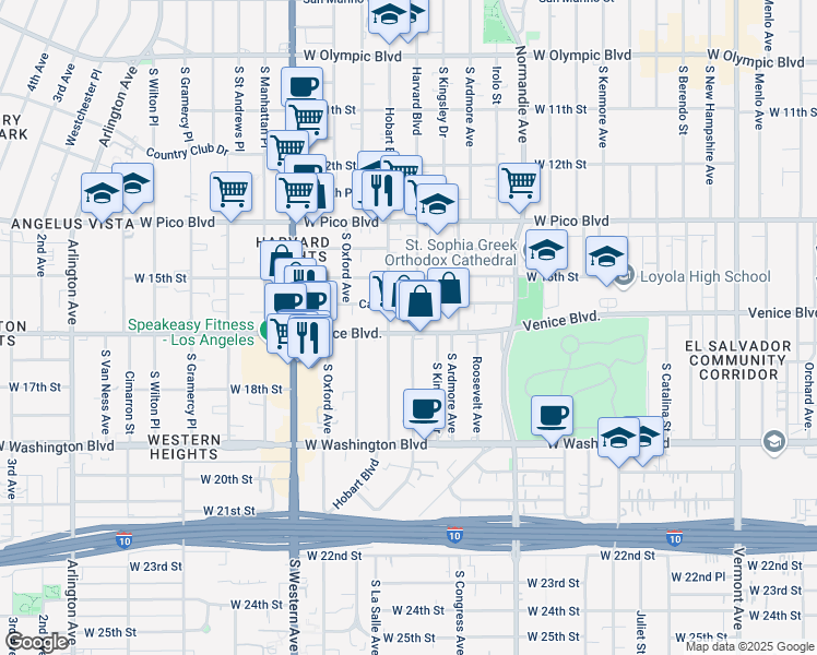 map of restaurants, bars, coffee shops, grocery stores, and more near 1564 South Hobart Boulevard in Los Angeles