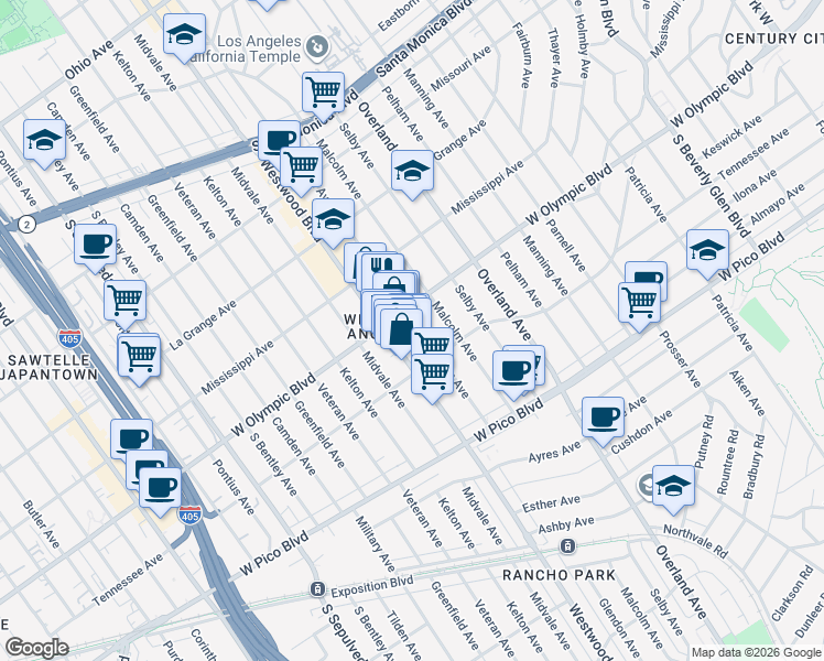 map of restaurants, bars, coffee shops, grocery stores, and more near in Los Angeles
