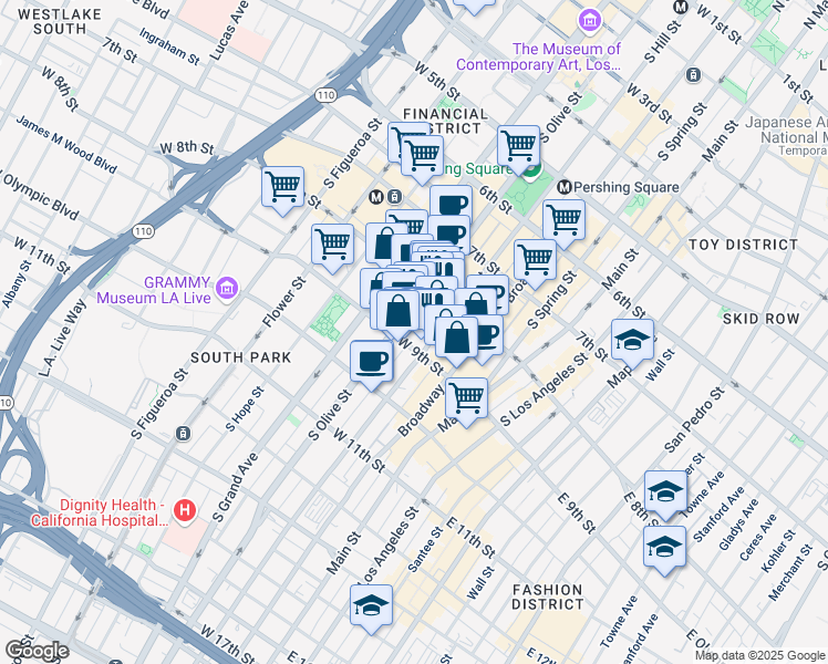 map of restaurants, bars, coffee shops, grocery stores, and more near 888 South Olive Street in Los Angeles