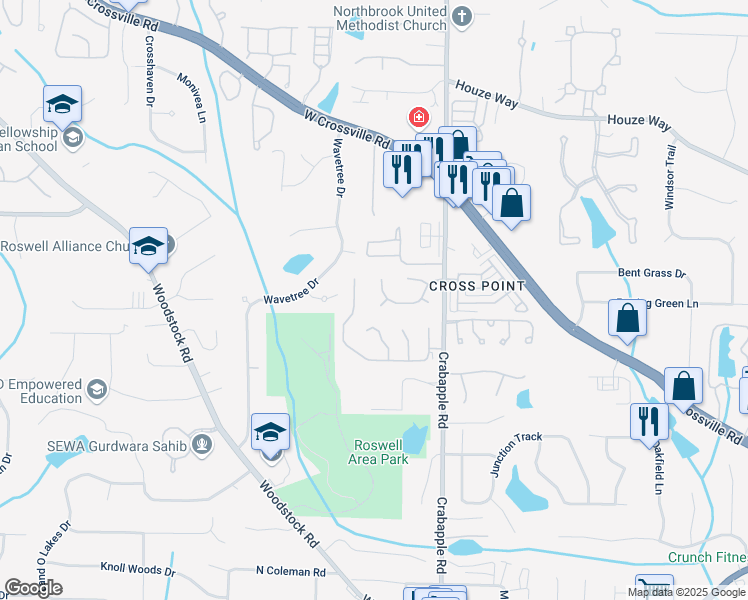 map of restaurants, bars, coffee shops, grocery stores, and more near 310 Bloomfield Court in Roswell