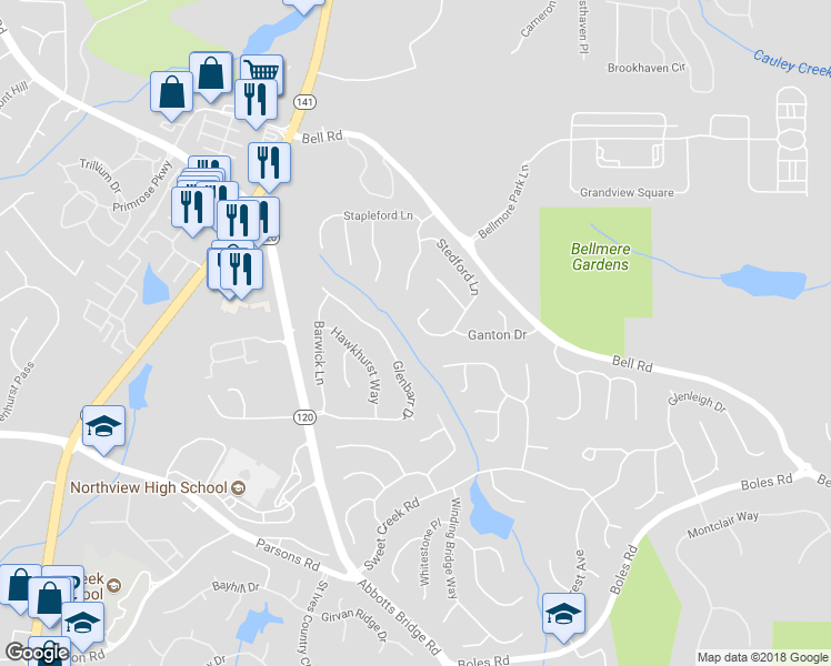 map of restaurants, bars, coffee shops, grocery stores, and more near 570 Stedford Lane in Duluth
