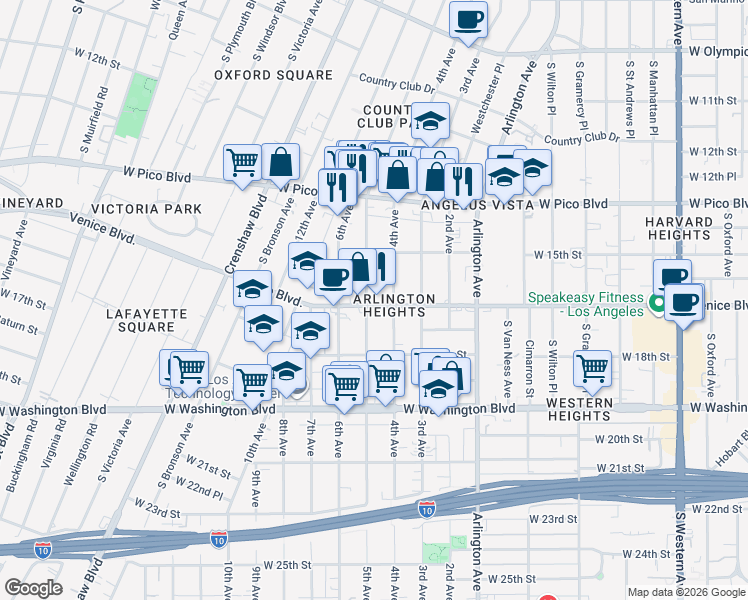 map of restaurants, bars, coffee shops, grocery stores, and more near 3429 Venice Boulevard in Los Angeles