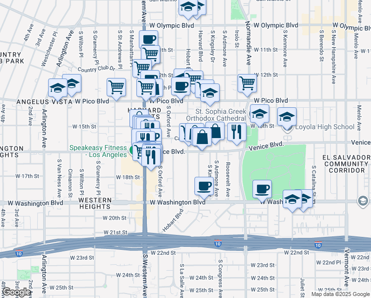 map of restaurants, bars, coffee shops, grocery stores, and more near 1564 South Hobart Boulevard in Los Angeles