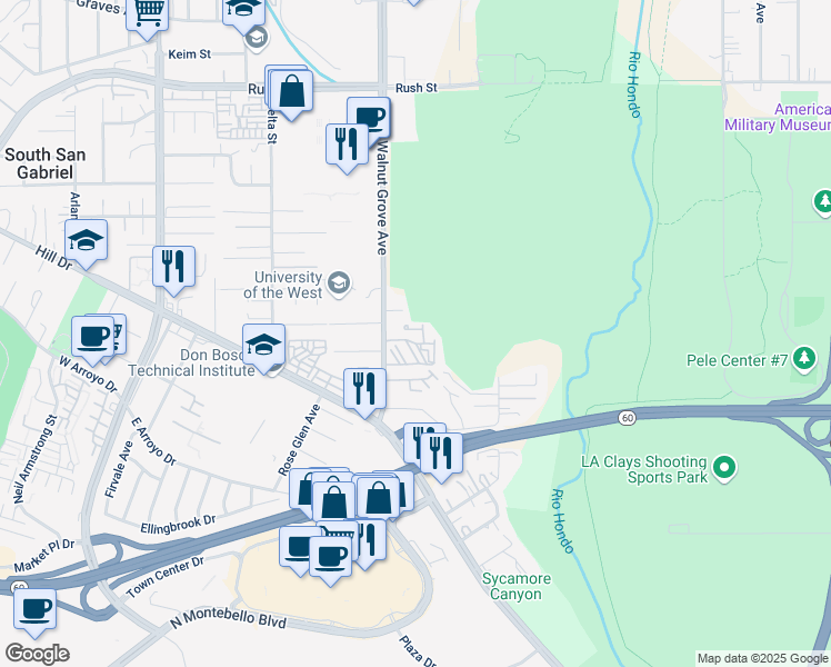 map of restaurants, bars, coffee shops, grocery stores, and more near 1176 Walnut Grove Avenue in Rosemead